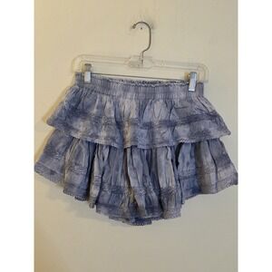 LoveShackFancy ‎ Size Small Tiered Mini Skirt Lace Trim Elastic Waist Blue Wash